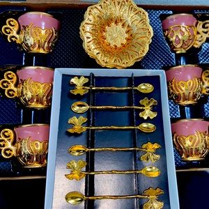 Blush mauve pink Turkish tea cups in a gold cup holder- set of 6 w/ gold saucers